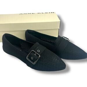 NEW Anne Klein Black Flats Size 6.5 Pointy Toe Buckle Black Knit Slip On Loafers